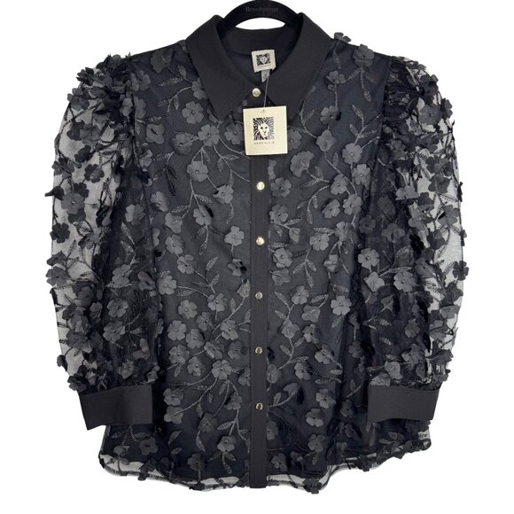 Anne Klein Tops - NWT Anne Klein Black 3D Floral Sheer Blouse Size Medium Whimsigoth Maximalist